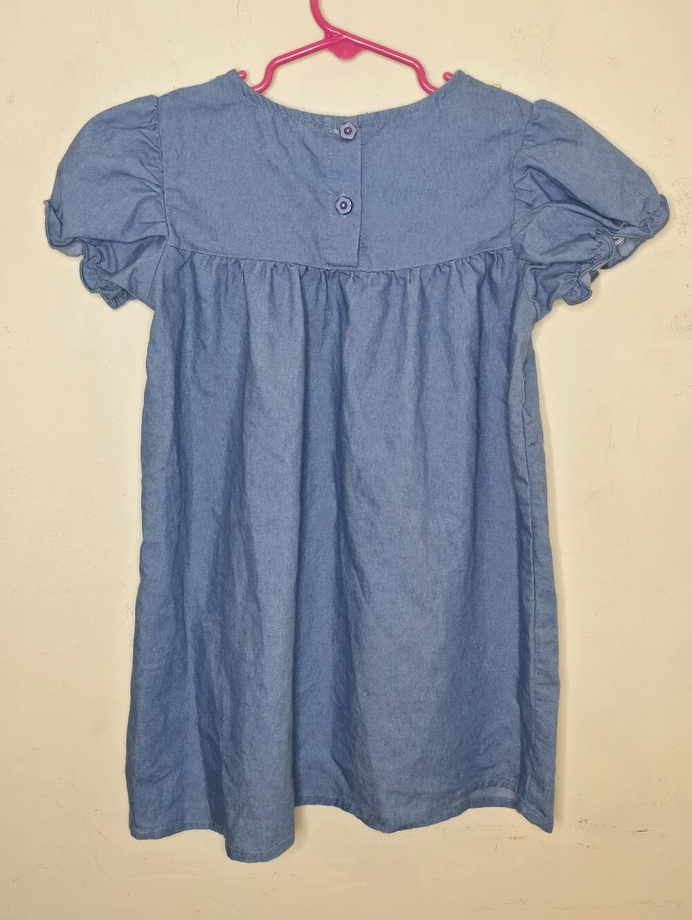 Girls Chambray Flower Embroidered Puff Sleeve Dress Blue 5-6Y Cottagecore